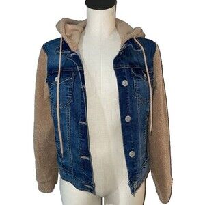 Wallflower Women's Vintage Y2K Denim Jacket size L Sherpa Sleeves & Hood